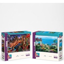Farbu Oyuncak Işıklar Altında ve Sahil Köyü Ikili Set - 1000 + 500 Parça Ikili Puzzle Seti