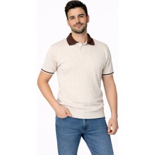 Karel Butik Erkek Ekru Regular Fit Ince Dokulu Kısa Kollu Kol Detaylı Polo Yaka Tişört