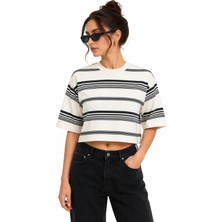 Karel Butik Çizgili Polo Yaka Ekru Crop Tişört
