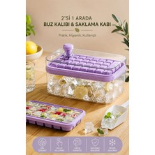 Elif Aksesuar Yeni Nesil Lila Renk Basmalı Çift Buz Kalıbı Buzluk – Kapaklı Saklama Kutulu 64 Bölmeli 13X24 cm