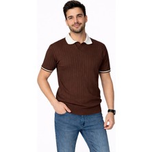 Karel Butik Erkek Kahverengi Regular Fit Ince Dokulu Kısa Kollu Kol Detaylı Polo Yaka Tişört