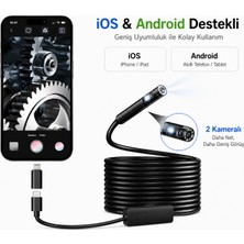 Qasul 10 Metre Çift Kameralı Endoskop Kamera,  Ios Android Uyumlu, IP67 Su Geçirmez, Video ve Fotoğraf Kayıtlı