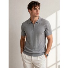 Karel Butik Gri Fermuarlı Regular Fit Polo Yaka Tişört