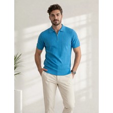 Karel Butik Mavi Fermuarlı Regular Fit Polo Yaka Tişört