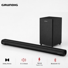 Grundig Siyah Soundbar Ses Sistemi, 5.1.2 Kanal Yapı, 756 W Performans, Dolby Atmos ve Kablosuz Tv Eğlencesi ile Kablosuz Bağlantılı Modern
