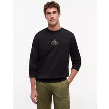 Tommy Hilfiger Erkek Normal Kalıp Yuvarlak Yakalı Logo Işlemeli Pamuklu Uzun Kollu Siyah Sweatshirt MW0MW43221-BDS