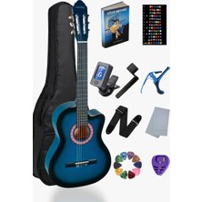 Mavi Klasik Gitar 4/4 Yetişkin Boy Sap Ayarlı Kesik Kasa Full Set (Çanta, Capo, Askı, Pena, Dijital Tuner)