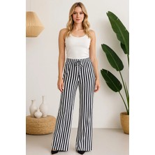 El Moda Siyah-Beyaz Dikey Çizgili Basic Pantolon