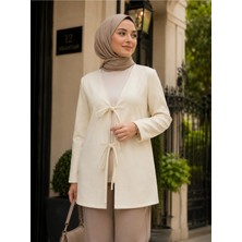 El Moda Kadın Ekru Çift Bağcıklı Kimono Hırka Örme Kumaş ve Rahat Kalıp ile Şık Tasarım