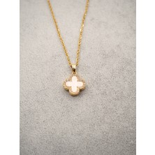 Stelle Jewelry Premium Çelik Gold Renk Sedefli Dört Yapraklı Yonca Kolye - Kararmayan Zirkon Taş Çerçeveli Zincir Kolye