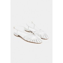 Nişantaşı Shoes Leny Sedef Saten Biyeli 1-2 cm Kalın Topuklu Kadın Sandalet Babet