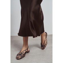 Nişantaşı Shoes Leny Leopar Saten Biyeli 1-2 cm Kalın Topuklu Kadın Sandalet Babet