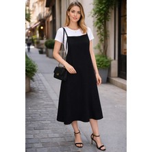 El Moda Siyah Gabardin Askılı Jile Elbise Günlük Şık Kombin
