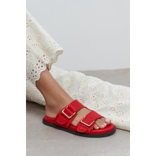 Nişantaşı Shoes Larry Kırmızı Mat Çift Toka Detay Düz Taban Kadın Terlik