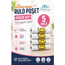 Merpak Ambalaj Küçük Boy Baskılı Rulo Poşet 5 Rulo Beyaz Plastik Gülenyüz Desenli 25x45 cm