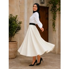 El Moda Kadın Tam Daire Sık Dokuma Ribanalı Ekru Mevlana Etek