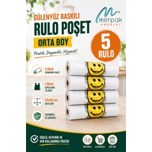 Merpak Ambalaj Orta Boy Baskılı Rulo Poşet x5 Rulo Beyaz Plastik Gülenyüz Desenli 25x50 cm