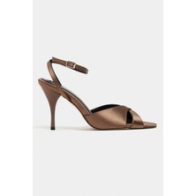 Nişantaşı Shoes Monica Kahve Saten Bilek Kemer Detaylı Kadın Ince Topuklu Ayakkabı