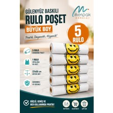 Merpak Ambalaj 5 Rulo Büyük Boy Gülenyüz Baskılı Poşet Plastik 27x55 cm Hijyenik Kullanım