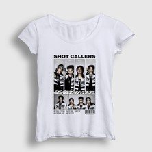 Presmono Kadın Beyaz Poster Shot Callers K-Pop Lngshot T-Shirt