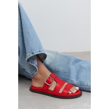 Nişantaşı Shoes Spirit Kırmızı Mat Kemer Toka Detaylı Düz Taban Kadın Terlik