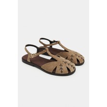 Nişantaşı Shoes Majes Rome Bej Süet Deri Nakış Detay Düz Taban Kadın Sandalet