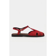 Nişantaşı Shoes Majes Kırmızı Süet Deri Nakış Detay Düz Taban Kadın Sandalet