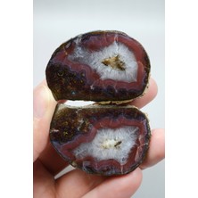 Healcrystal Almus Karadeniz Akik Çifti | Derin Burgonya Kırmızısı, Dumanlı Gri ve Beyaz Kuvars Tüy Akik