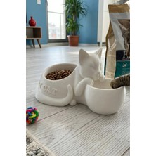 Morbella Evcil Dostlar Için Beyaz 14X12 cm | Kedi Figürlü Çift Hazneli Mama Kabı Dekoratif Modern Tasarım