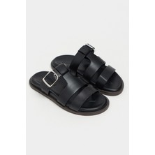 Nişantaşı Shoes Spirit Siyah Mat Kemer Toka Detaylı Düz Taban Kadın Terlik