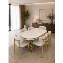 Toce Home Gold Serisi Beyaz Mermer Desenli Mdf  Masa ve 6 Sandalyeli Yemek Masası Takımı