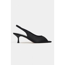 Nişantaşı Shoes Salva Siyah Saten Sivri Burun Önü Açık Kadın Topuklu Ayakkabı