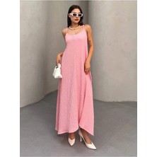 Asalya Kadın Pembe Ayarlanabilir Askılı Gofre Kumaş Yazlık Elbise