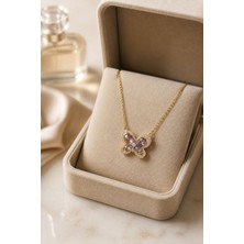 Lykos Çelik Zincir Gold Renk Mor Kelebek Model Kadın Kolye