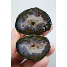 Healcrystal Parlatılmış Siyah Deniz Yosunu Akik Çifti, Lavanta Mor ve Erik Jölesi, Altın Yosun Druzy Kuvars Jeot