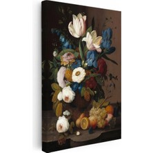 Kanvas Tablo Severin Roesen Lale ve Meyve Tabağı Beyaz Gül Detayı Ressam Tablosu Duvar Dekoru 35 x 50 Kanvas Tablo 1
