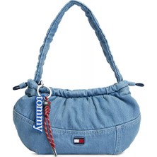 Tommy Hilfiger Kadın Denim Kumaş Fermuar Kapama Tommy Logo Aksesuar Denim Omuz Çantası AW0AW18883-1A4