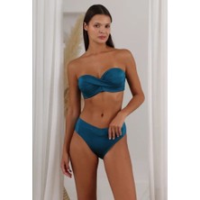 Lapieno Kadın Mavi Düz Renk Telli Kaplı Straplez Bikini Takımı