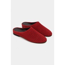 Nişantaşı Shoes Palya Kırmızı Süet Zımbalı Hakiki Deri Düz Taban Kadın Terlik