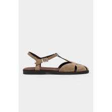 Nişantaşı Shoes Harpi Rome Bej Süet Deri Toka Detay Düz Taban Kadın Sandalet