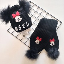 Mars Baby Bebek Kız Çocuk Isimli Kişiye Özel Siyah Kırmızı Minnie Çift Ponponlu Atkı Bere Takımı