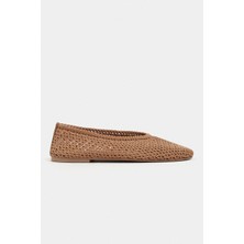 Nişantaşı Shoes Lips Taba Triko File Işlemeli Düz Taban Kadın Babet Ayakkabı