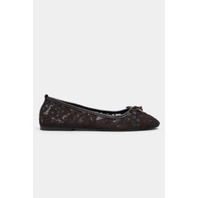 Nişantaşı Shoes Magni Kahve Dantel Nakışlı Fiyonk Detay Kadın Babet