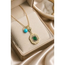 Lykos Vintage Esintili Geometrik Madalyon Pirinç Kolye - Top Zincirli Kolye