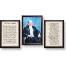Atatürk Tablosu + Gençliğe Hitabe + Istiklal Marşı Çerçeveli Duvar Seti | Okul, Sınıf, Kurum ve Ofis Dekorasyonu