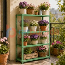 Rafburada 4 Katlı Renkli Dekoratif Çelik Raf - Çiçeklik Rafı, Ofis Rafı 0,70 mm KIRMIZI-31X93 CM-250 cm
