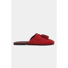 Nişantaşı Shoes Nella Kırmızı Hakiki Süet Deri Püskül Detay Düz Taban Kadın Terlik