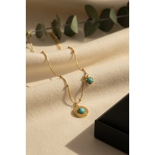 Morbella Turkuaz Taşlı Yuvarlak Desenli Gold Kadın Çelik Kolye – Minimal Vintage Model