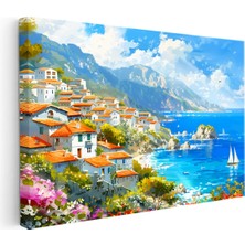 Kanvas Tablo Akdeniz Sahil Kasabası Yelkenli ve Deniz Manzara Tablosu Ev Ofis Duvar Dekoru 35 x 50 Kanvas Tablo 1