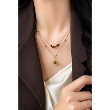 Trend Collection Çift Katlı Güneş Uçlu Doğal Taşlı Gold Kadın Kolye
